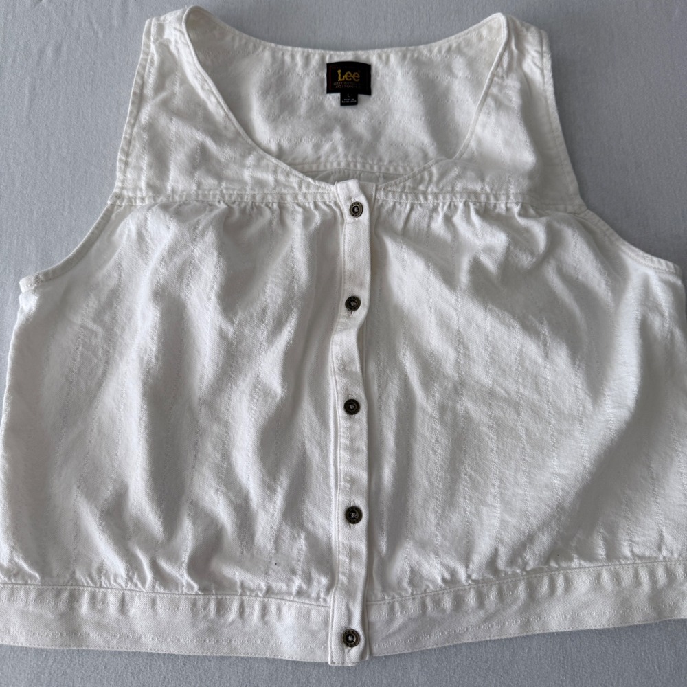 Lee Button Front Tank Top Womens Size L White Textured Dobby Cotton Sleeveless